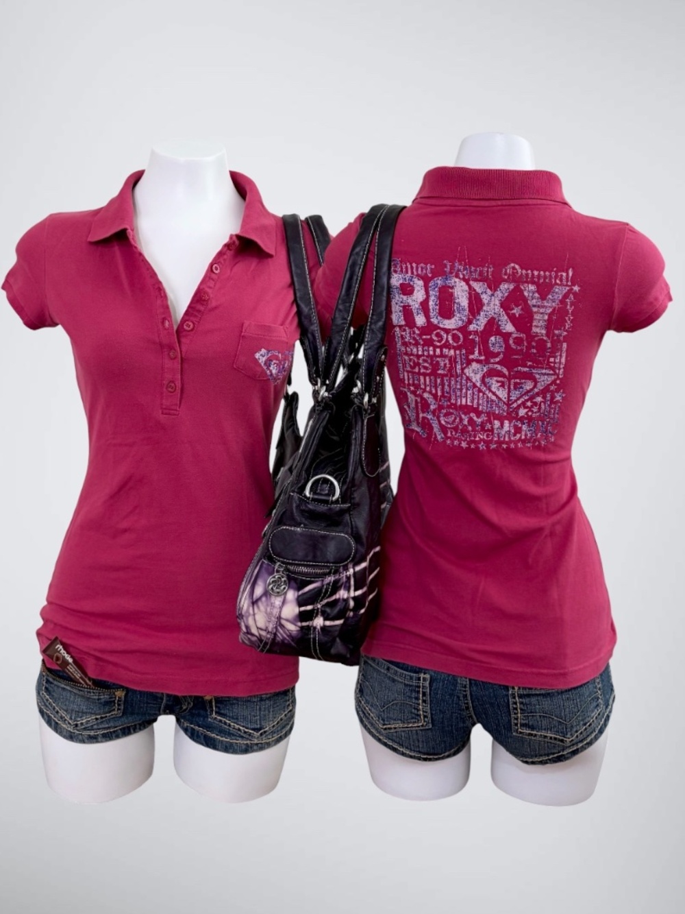 VTG Y2K Roxy Back Spellout Graphic Henley Polo Shirt